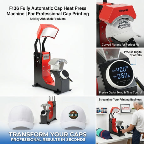 F136 Fully Automatic Cap Heat Press Machine, red and black metal, printing on a white cap.