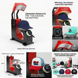 F136 Fully Automatic Cap Heat Press Machine, black and red metal, pressing a navy blue cap.