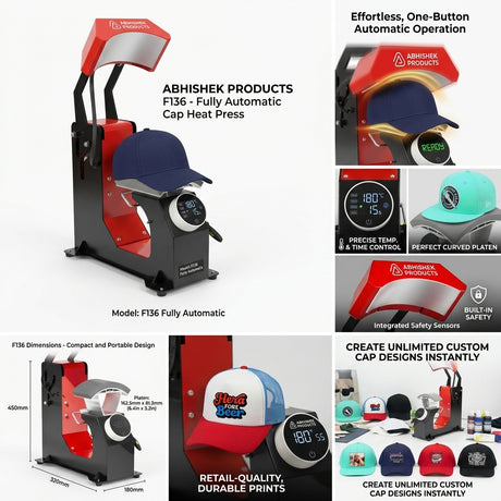 F136 Fully Automatic Cap Heat Press Machine, black and red metal, pressing a navy blue cap.