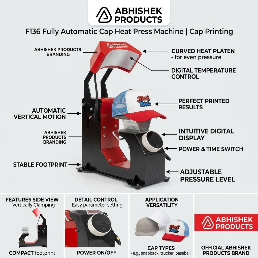 F136 Fully Automatic Cap Heat Press Machine, red and black metal, printing a cap