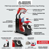 F136 Fully Automatic Cap Heat Press Machine, red and black metal, printing a cap