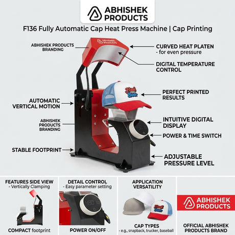 F136 Fully Automatic Cap Heat Press Machine, red and black metal, printing a cap