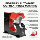 F136 Fully Automatic Cap Heat Press Machine, red and black powder-coated metal, for cap printing.