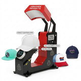 F136 Fully Automatic Cap Heat Press Machine, black and red metal, pressing a white cap for customization.