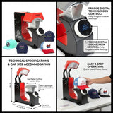 F136 Fully Automatic Cap Heat Press Machine, red and black metal, printing custom designs on caps