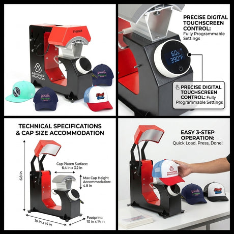 F136 Fully Automatic Cap Heat Press Machine, red and black metal, printing custom designs on caps