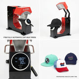 F136 Fully Automatic Cap Heat Press Machine, red and black metal, pressing a black cap.