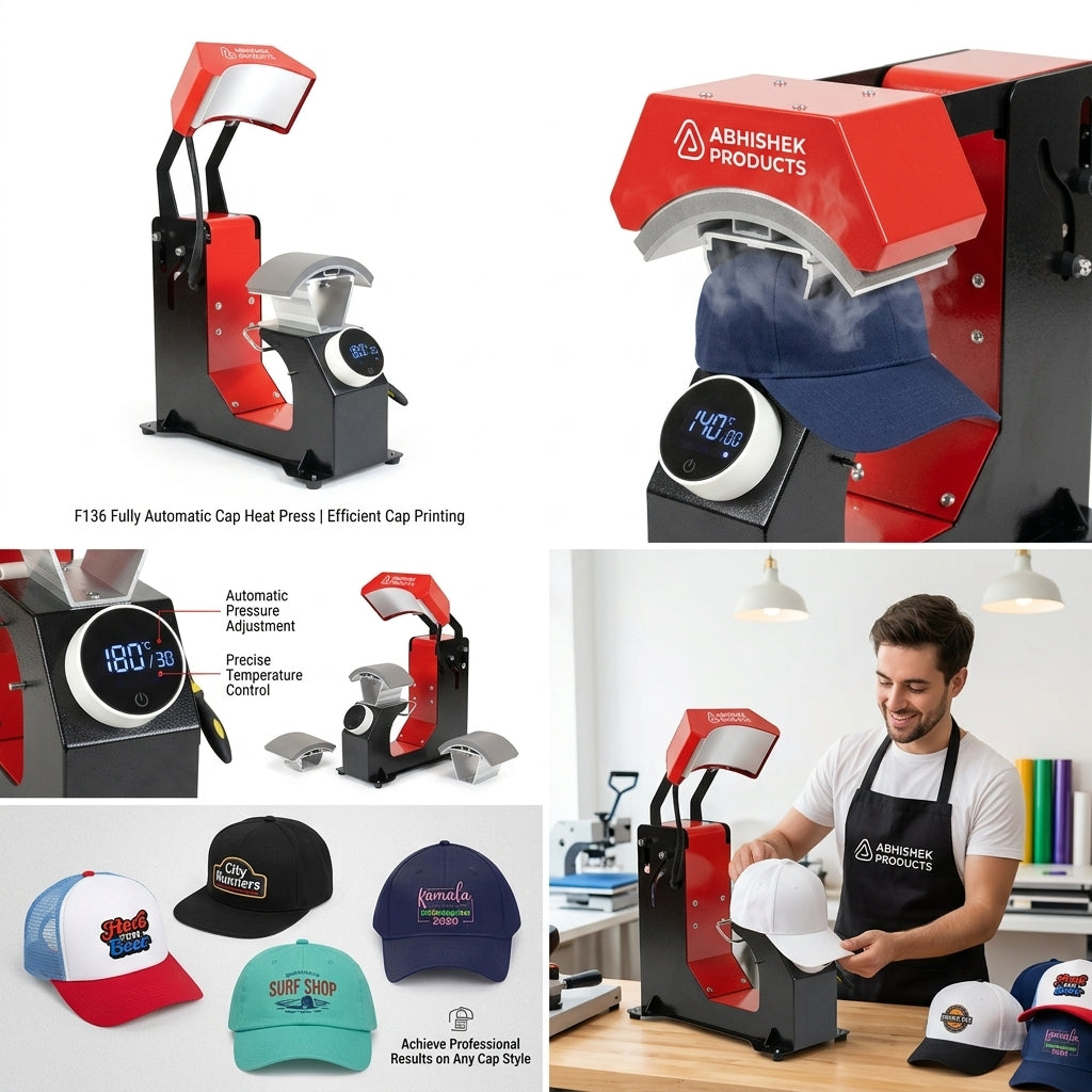 F136 Fully Automatic Cap Heat Press Machine, red and black metal, pressing a blue cap for custom printing.