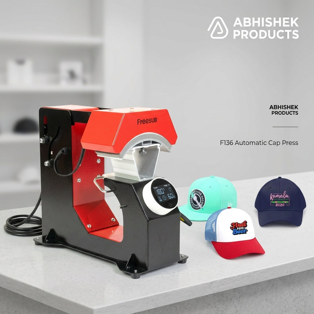 F136 Fully Automatic Cap Heat Press Machine, black and red metal, pressing custom designs onto caps
