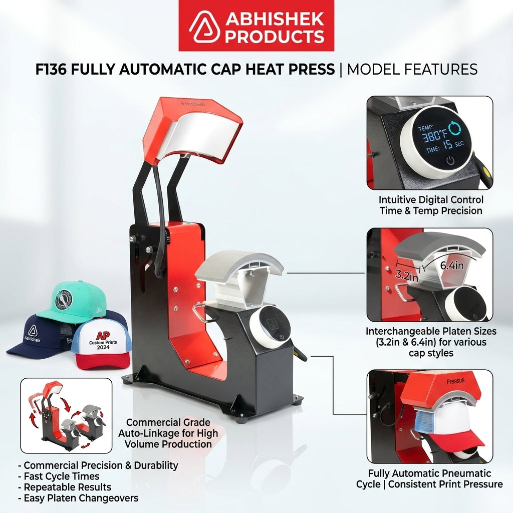 F136 Fully Automatic Cap Heat Press Machine, red and black metal, for printing designs on caps