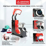 F136 Fully Automatic Cap Heat Press Machine, red and black metal, for printing designs on caps