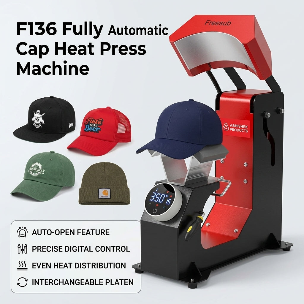 F136 Fully Automatic Cap Heat Press Machine, red and black metal, pressing a navy cap, with various caps displayed.