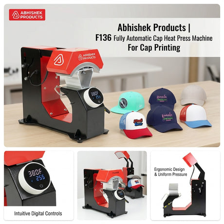 F136 Fully Automatic Cap Heat Press Machine, black and red metal, with digital controls, printing caps.