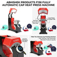 F136 Fully Automatic Cap Heat Press Machine, red and black metal, printing designs on caps.