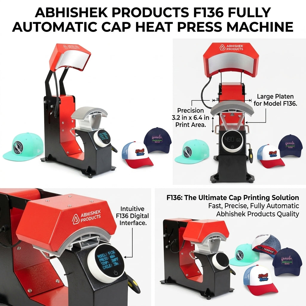 F136 Fully Automatic Cap Heat Press Machine, red and black metal, printing designs on caps.