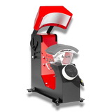 F136 Fully Automatic Cap Heat Press Machine, red and black metal, for hat printing with digital display.