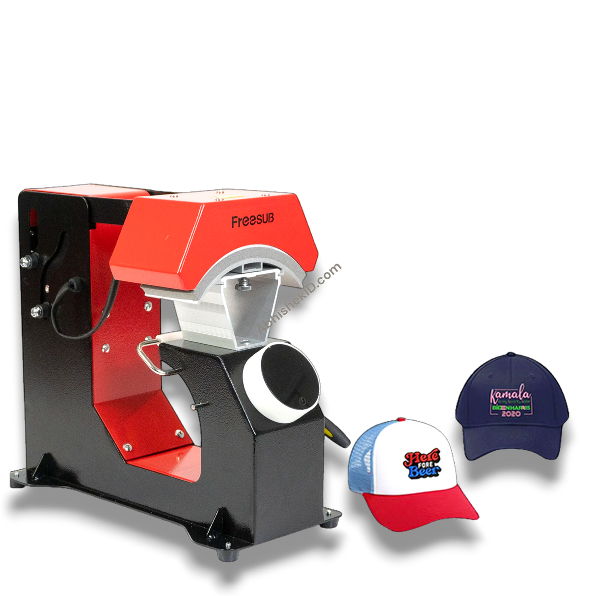 F136 Fully Automatic Cap Heat Press Machine, red and black metal, for custom cap printing