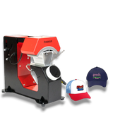 F136 Fully Automatic Cap Heat Press Machine, red and black metal, for custom cap printing