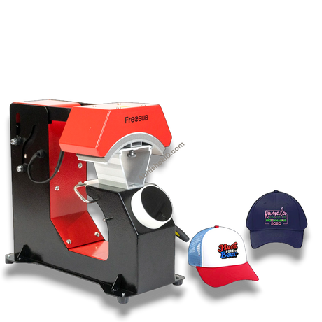 F136 Fully Automatic Cap Heat Press Machine, red and black metal, for custom cap printing
