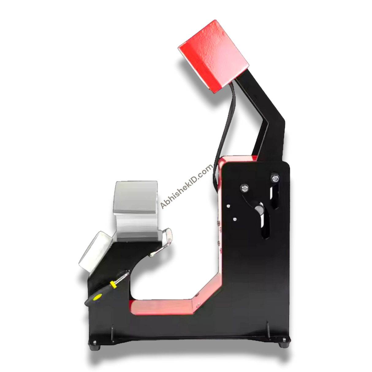 F136 Fully Automatic Cap Heat Press Machine, black metal with red and white accents, for cap printing.