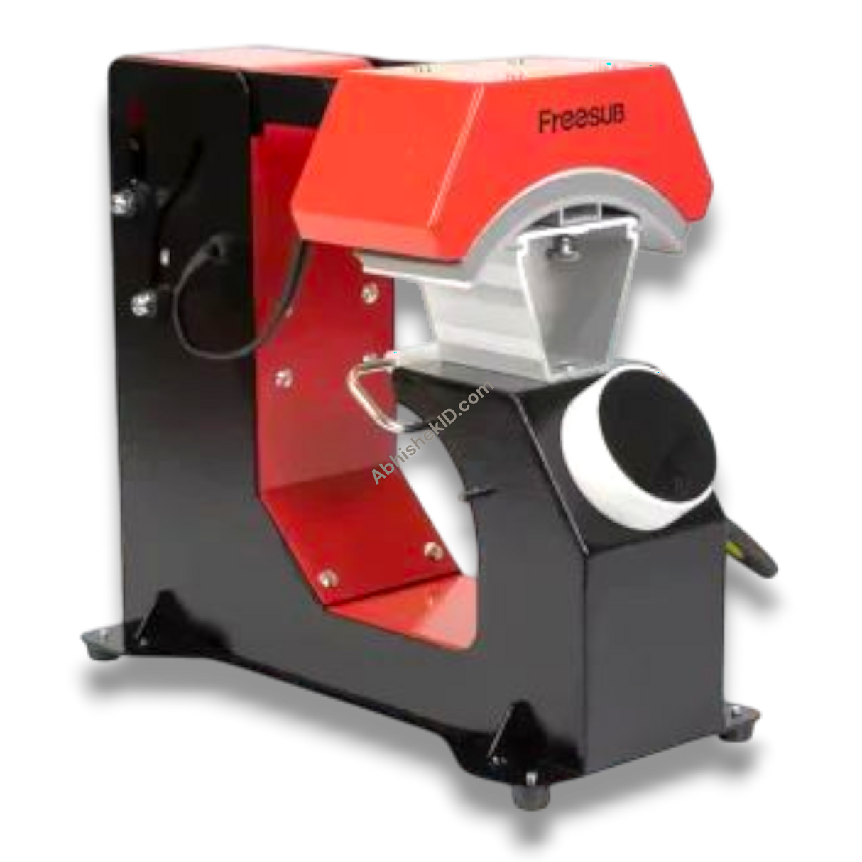 F136 Fully Automatic Cap Heat Press Machine, black and red metal, for hat printing and sublimation