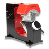 F136 Fully Automatic Cap Heat Press Machine, black and red metal, for hat printing and sublimation