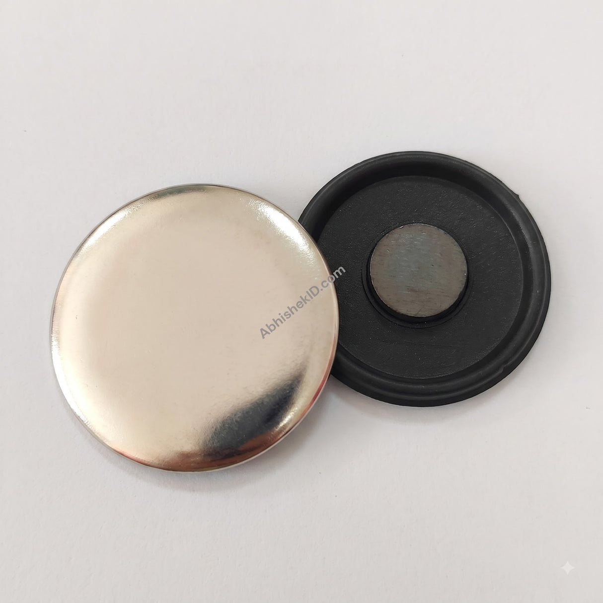 58mm Fridge Magnet Badge Material, silver metal front, black plastic ferrite base, for custom fridge magnets.