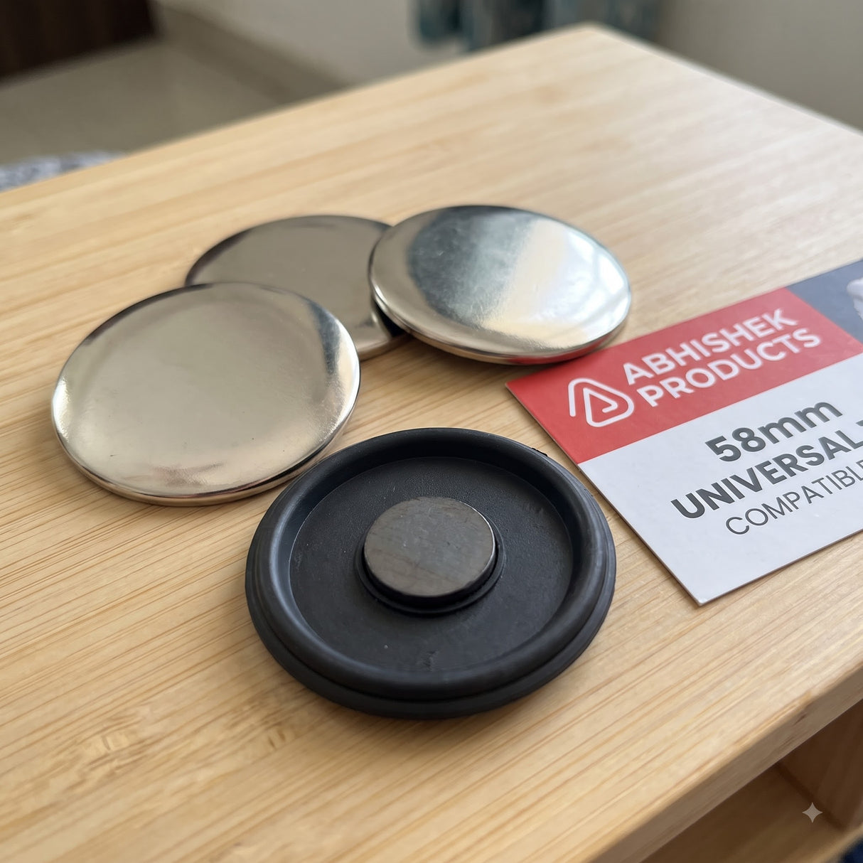 58mm Fridge Magnet Badge Material with fixed black plastic ferrite base and silver metal tops for DIY badges.