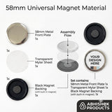 58mm Fridge Magnet Badge Material - Fixed Plastic Ferrite Base, silver metal, clear mylar, black plastic, assembly shown
