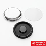 58mm Fridge Magnet Badge Material – Silver metal top, clear plastic film, and black plastic ferrite base for DIY badges.