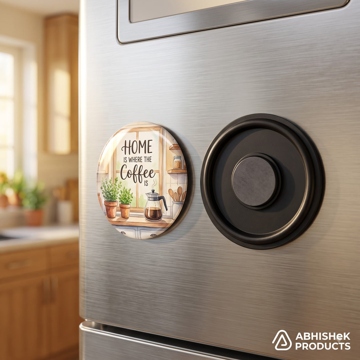 58mm Fridge Magnet Badge Material with Fixed Plastic Ferrite Base, black, attached to a stainless steel refrigerator.