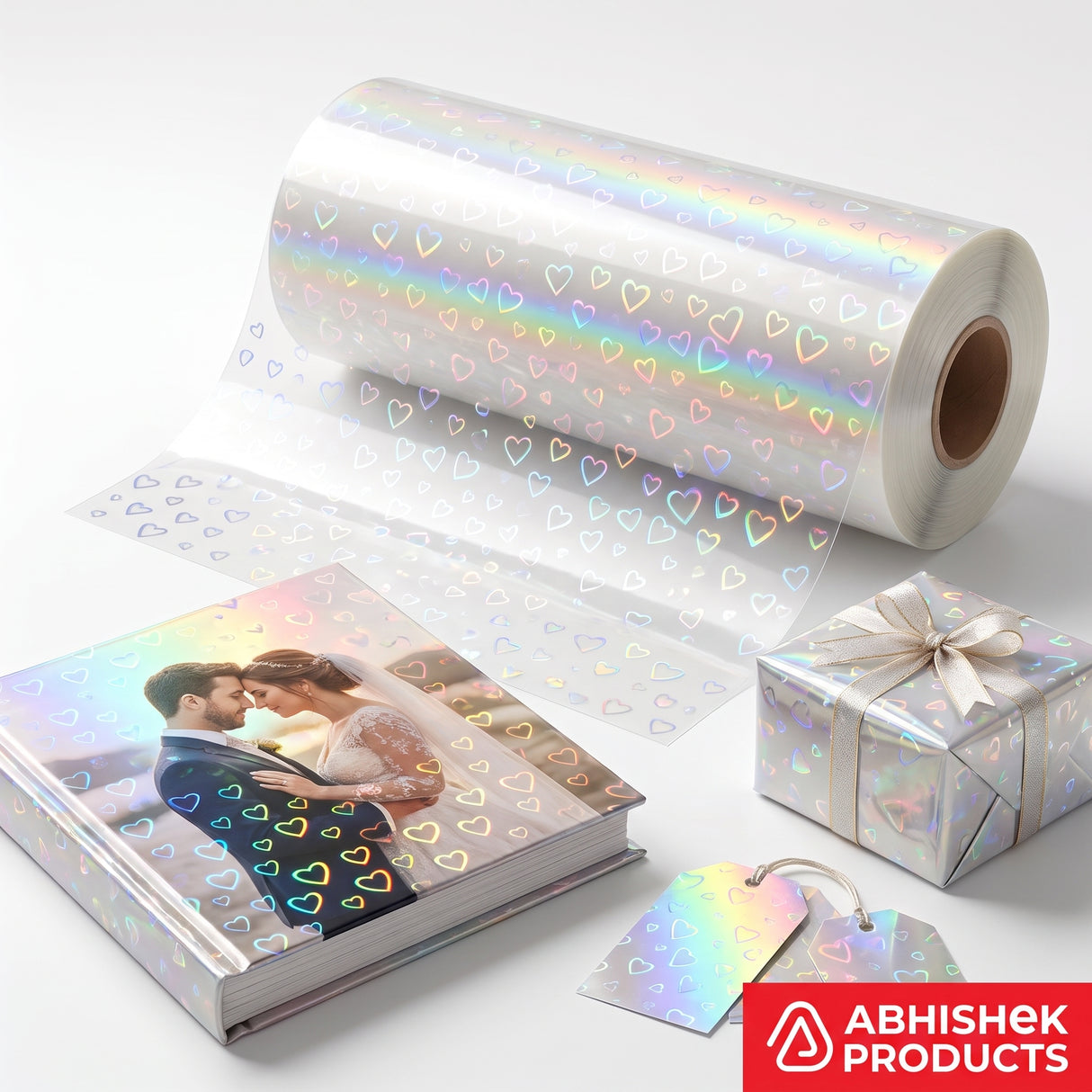 Holographic Heart Thermal Lamination Roll, clear with heart pattern, used for photo albums, gift wrapping, and tags