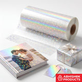 Holographic Heart Thermal Lamination Roll, clear with heart pattern, used for photo albums, gift wrapping, and tags