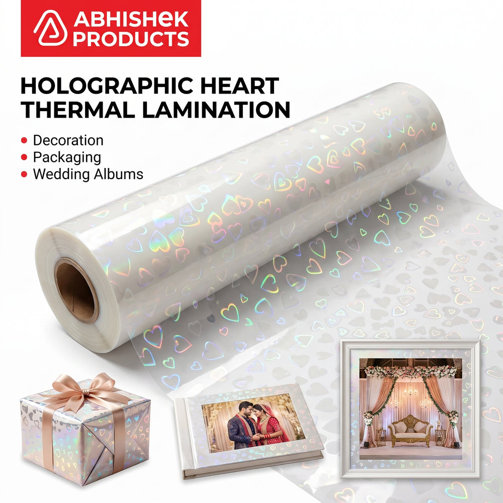 Holographic Heart Thermal Lamination Roll 330MM x 100 Meter x 27 Micron, clear film with iridescent hearts for decoration, p…