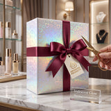 Holographic Heart Thermal Lamination Roll, iridescent heart pattern on gift wrap, red ribbon, being cut with scissors
