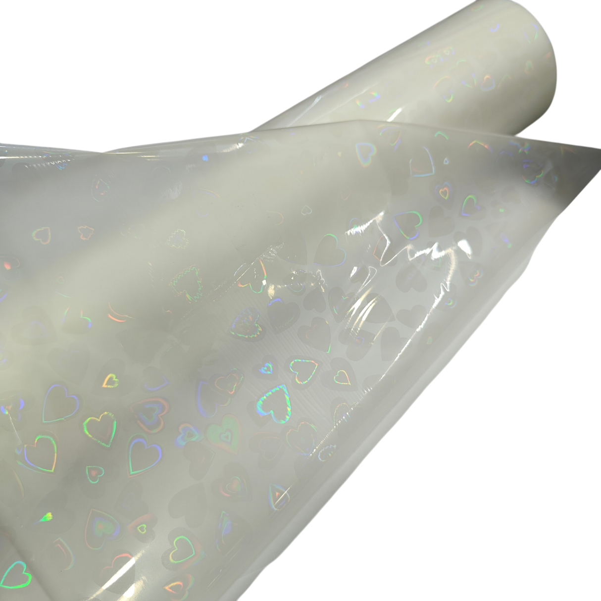 Holographic Heart Thermal Lamination Roll, 330MM x 100 Meter x 27 Micron, clear film with iridescent heart pattern