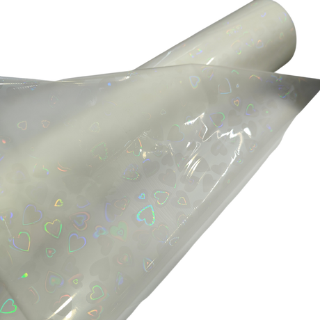 Holographic Heart Thermal Lamination Roll, 330MM x 100 Meter x 27 Micron, clear film with iridescent heart pattern