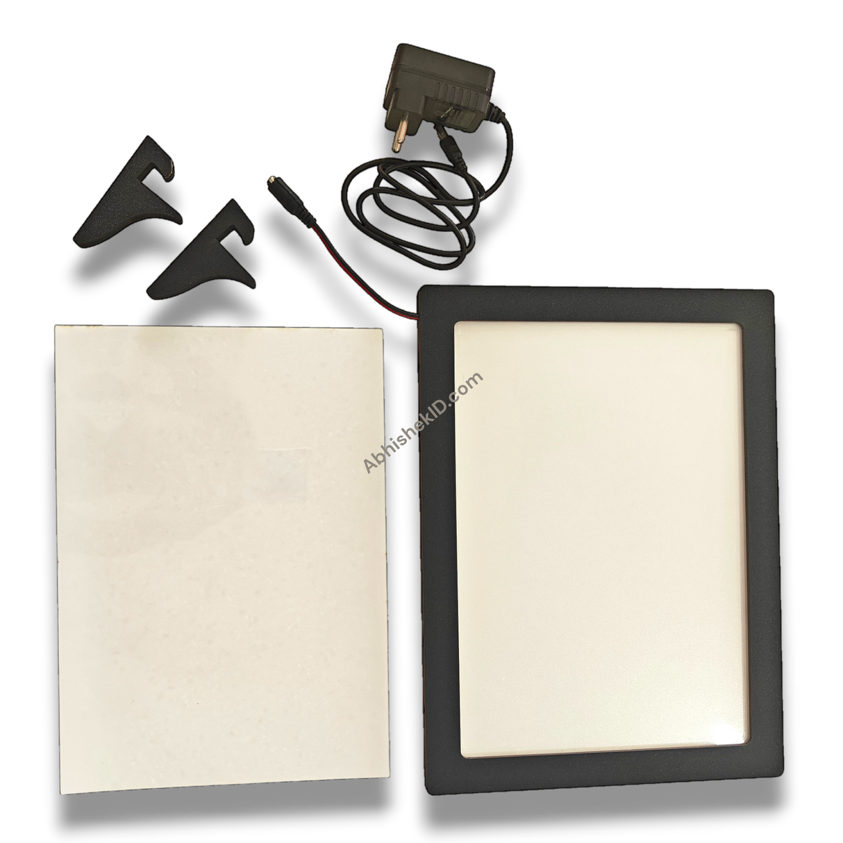 AbhishekID A4 LED Light Frame, black MDF, tabletop or wall hanging, with power adapter and hooks.