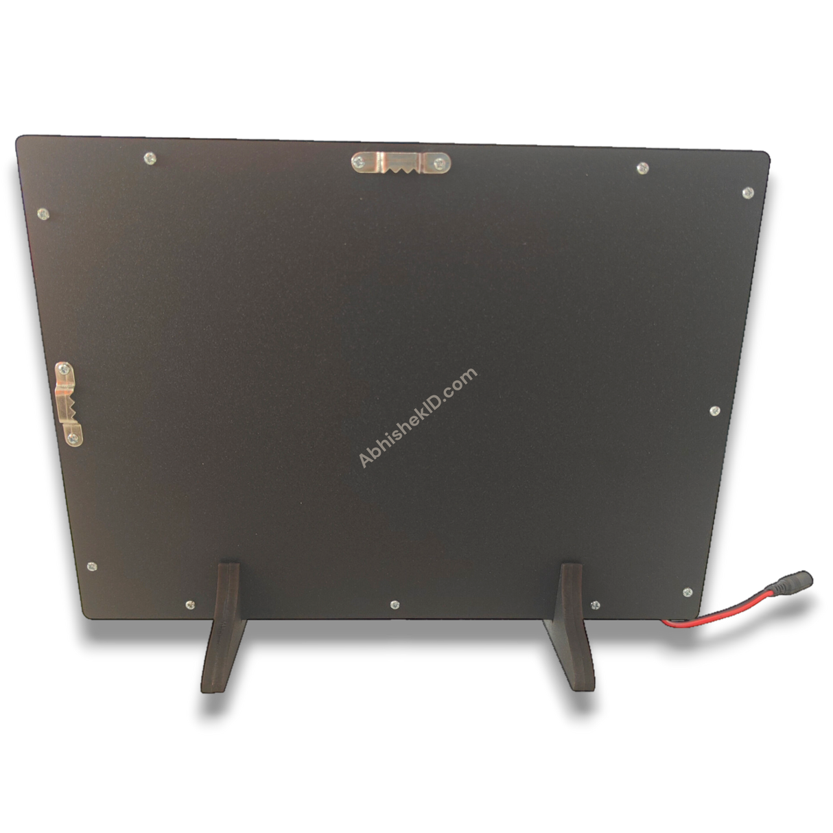 A4 LED Light Frame, premium dark brown MDF, tabletop stand and wall hanging hooks visible.