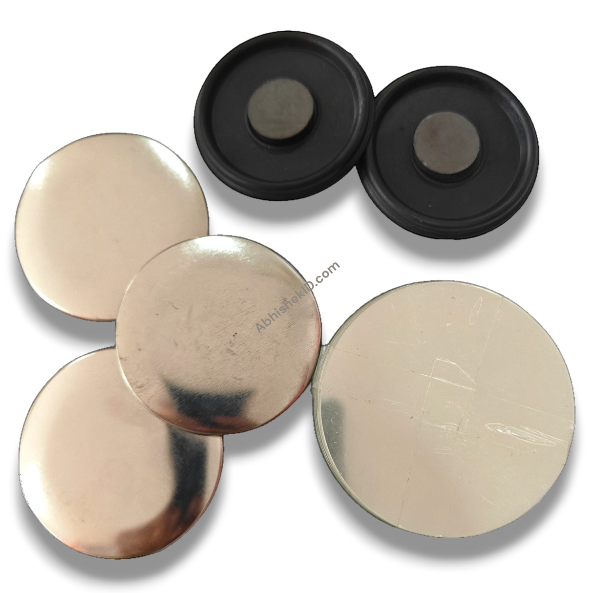 58mm Fridge Magnet Badge Material: Fixed Plastic Ferrite Base in silver and black for custom badge making.