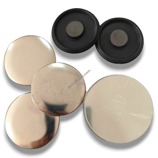 58mm Fridge Magnet Badge Material: Fixed Plastic Ferrite Base in silver and black for custom badge making.