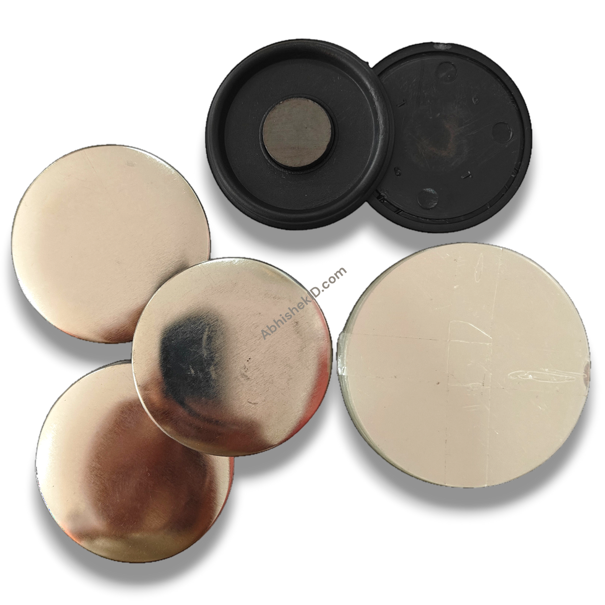 58mm Fridge Magnet Badge Material with Fixed Plastic Ferrite Base. Silver metal badge fronts and black plastic magnet backs.