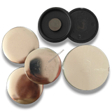 58mm Fridge Magnet Badge Material with Fixed Plastic Ferrite Base. Silver metal badge fronts and black plastic magnet backs.