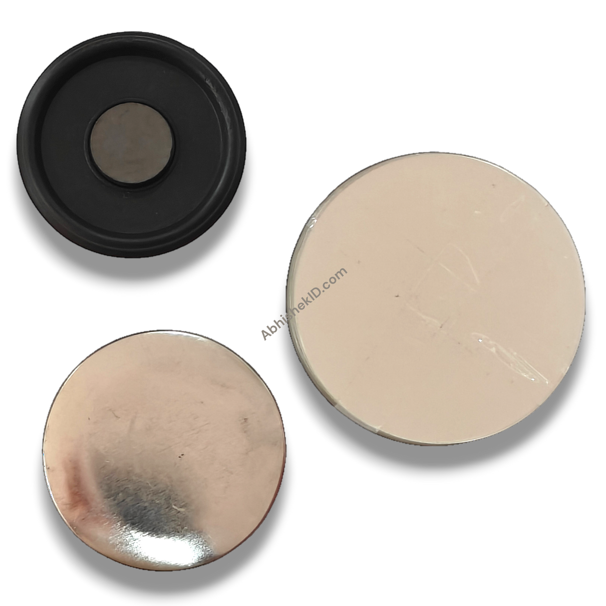 58mm Fridge Magnet Badge Material, black fixed plastic ferrite base, silver metal top, for custom badges