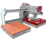 15x15 Automatic Double Bed Sublimation Heat Press, Dual Station Garment Press, gray and red metal, with orange rubber mats.