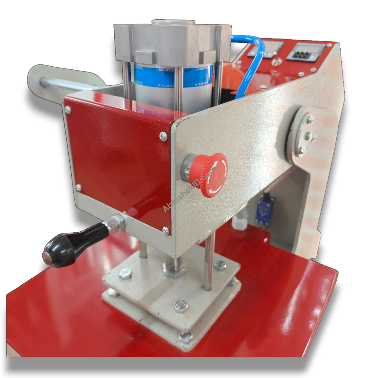 15x15 Automatic Double Bed Sublimation Heat Press, red and gray metal, dual station garment press for textile printing.