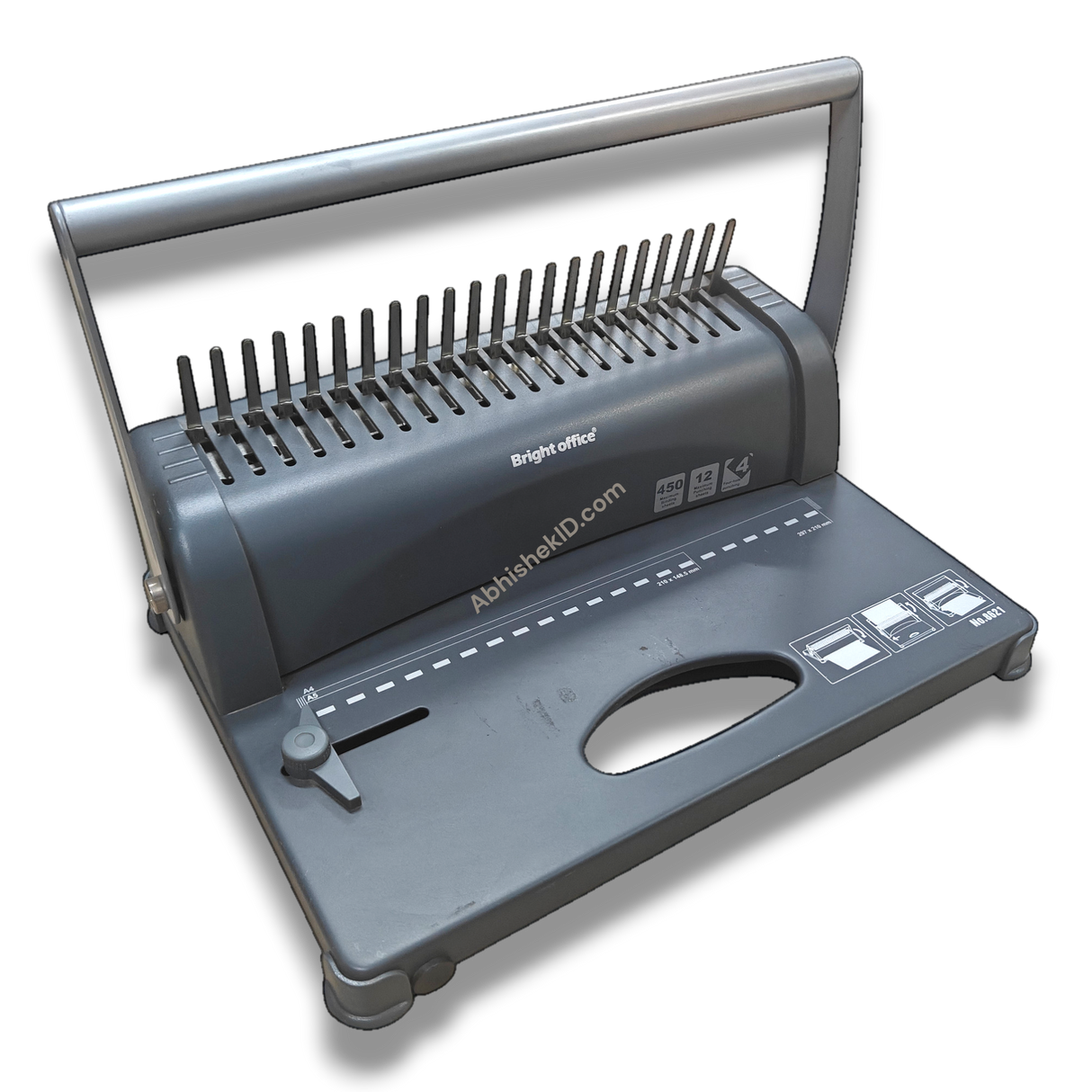 Comb Binding Machine for Office – A4 21-Slot, gray metal, for binding documents.