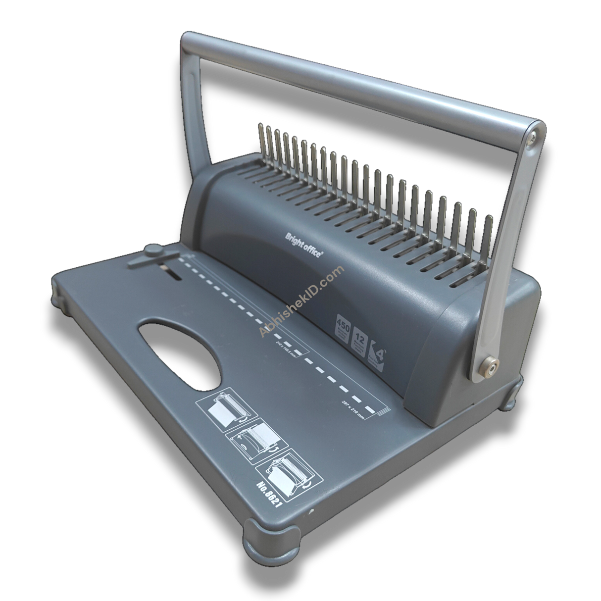 Comb Binding Machine for Office – A4 21-Slot Metal, gray with silver handle, for binding documents.