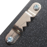 A4 LED Light Frame wall hanging hardware, silver metal sawtooth hanger with screws on black MDF.