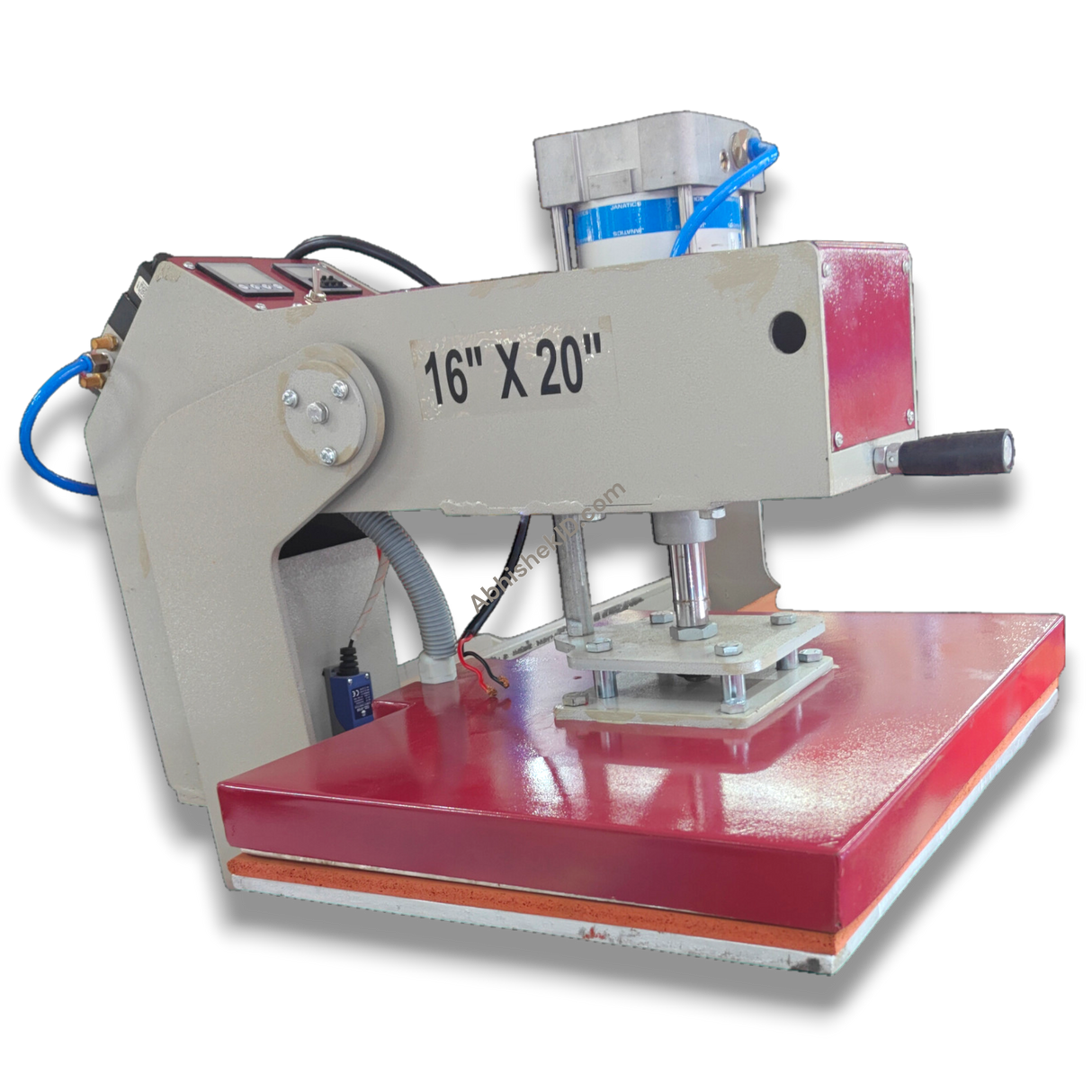 16x20 Automatic Double Bed Sublimation Heat Press, Dual Station Garment Press, gray and red metal, for heat transfer.